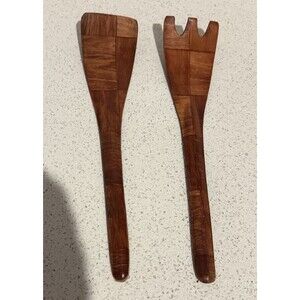 Vintage SALAD SERVER SET Spoon Spork Solid Teak Wood Patch Pattern 10” MCM